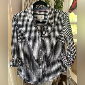 Charter Club Size 8 Navy Blue & White Gingham Checkered Cotton Button Down
